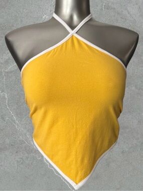 Free | Y2K Inspired Yellow Halter Crop Top with White Trim